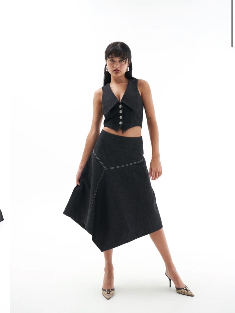 Belky’s Black Denim Asymmetric Midi Skirt Sold Out